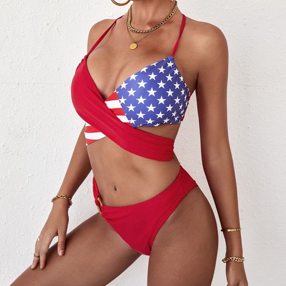 Red American Flag Print Halter Neck Bikini Set - Picture 3 of 7